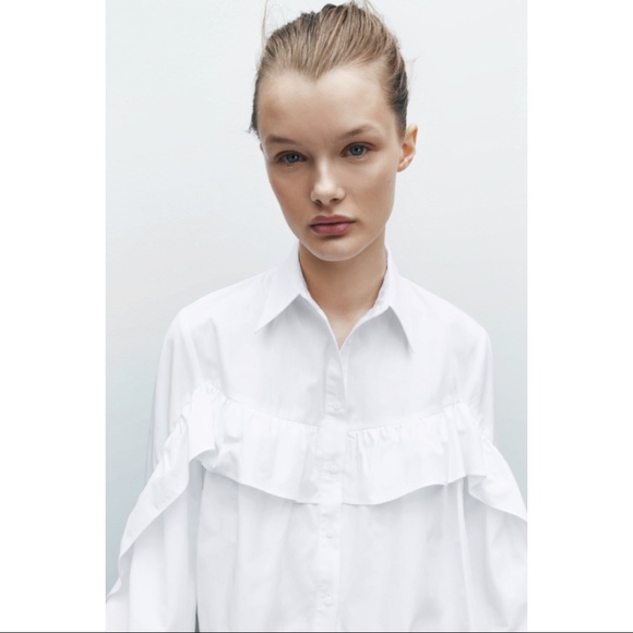 ZARA Frilly Exaggerated Ruffle Sleeve Poplin Button Down Cotton Pirate Blouse - Picture 3 of 13